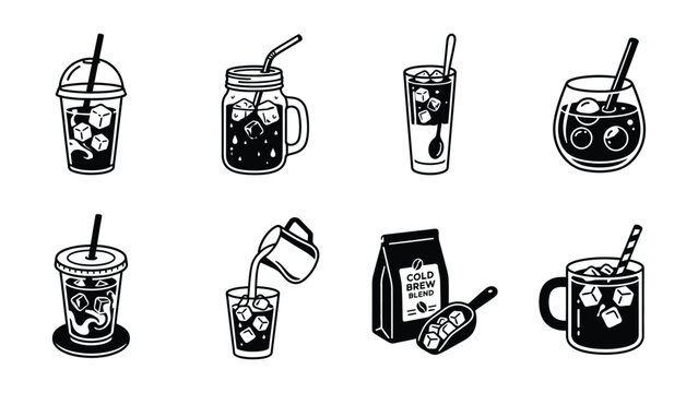 Eight black and white illustrations of cold brew coffee drinks and coffee beans together