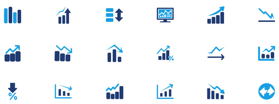 Data analytics and financial growth icon set. Business report graph, chart, statistics, performance metric, trend analysis, increase and decrease arrows. Blue duotone vector.