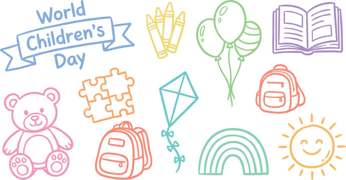 World Children's Day celebration elements including balloons, crayons, teddy bear, books, and other playful items are cheerfully illustrated in a doodle style.