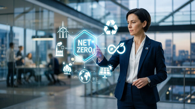 Professional businesswoman interacting with digital interface representing sustainable and green tech solutions for a corporate net zero future