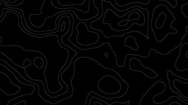 Animated white topographic contour map on black background with alpha channel. Smooth wave motion and moving terrain lines. Black and white seamless pattern 4K. cartography geographic terrain pattern,