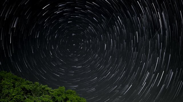 Long exposure star trails circling across night sky above Cairngorms, capturing Earth's rotation, bright stars, and silhouetted treetops beneath clear night conditions