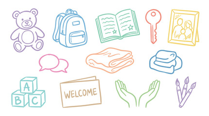 Fototapeta premium Collection of colorful hand-drawn everyday objects and symbols including a teddy bear, backpack, book, and family picture, representing themes of home, childhood, and care.