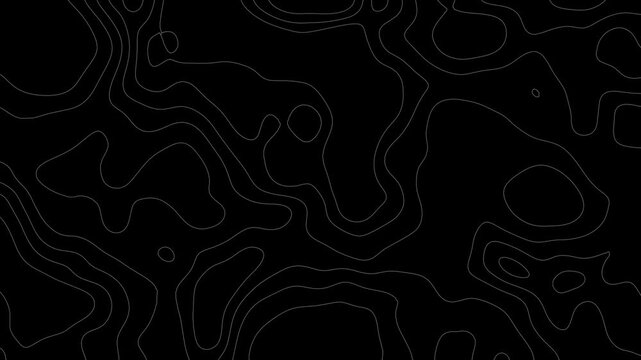 Animated white topographic contour map on black background with alpha channel. Smooth wave motion and moving terrain lines. Black and white seamless pattern 4K. cartography geographic terrain pattern,
