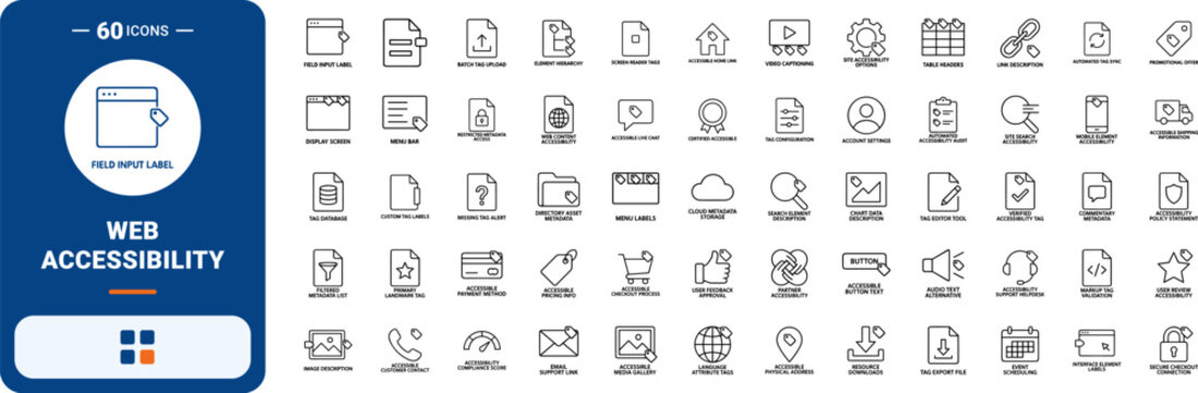 Accessibility web metadata line icon set. Vector pictograms of document, interface, tag, and compliance elements, thin linear illustration.