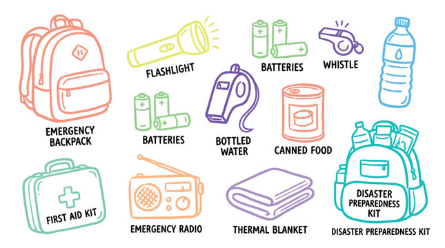 Emergency disaster preparedness kit items collection illustration showcasing essential supplies for safety and survival during unforeseen events.