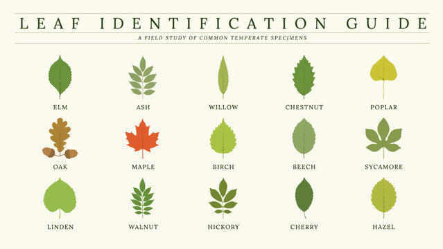 A botanical illustration depicting various leaf shapes and colors a field study guide leaves foliage botany flora plant