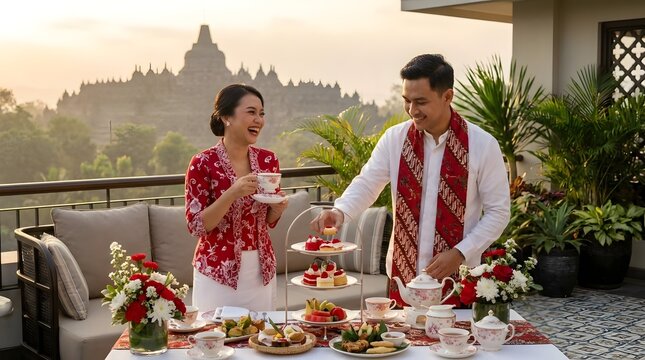 Indonesian couple breakfasting with Borobudur temple view.
