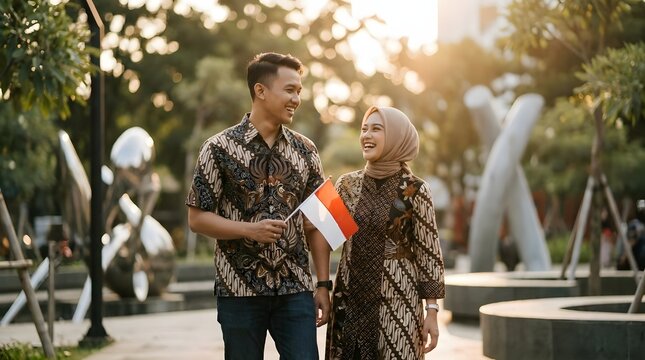 Indonesian couple in batik holding flag in park.