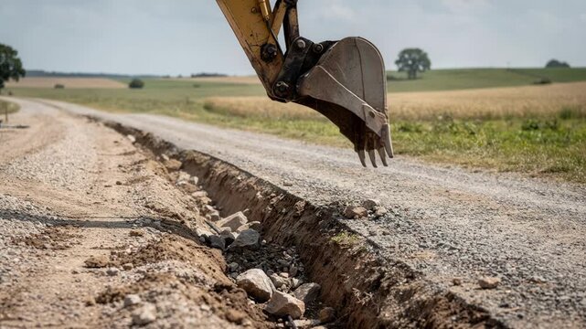 Rural fiber optic cable trenching using excavator at a countryside gravel road focusing on the digging bucket with a softfocus farmland backdrop.