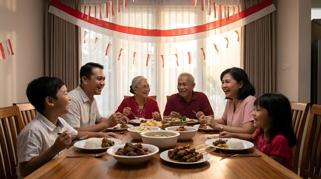 Indonesian family celebrating independence day with festive meal.