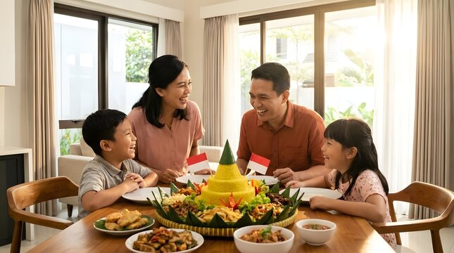 Indonesian family celebrating with traditional Tumpeng yellow rice cone.