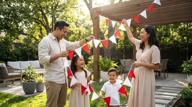 Indonesian family decorating garden for Independence Day.