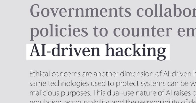 AI-driven hacking, mass media discussion of AI-powered hacking and cybercrimes, changing news headlines sequence across media, loop footage