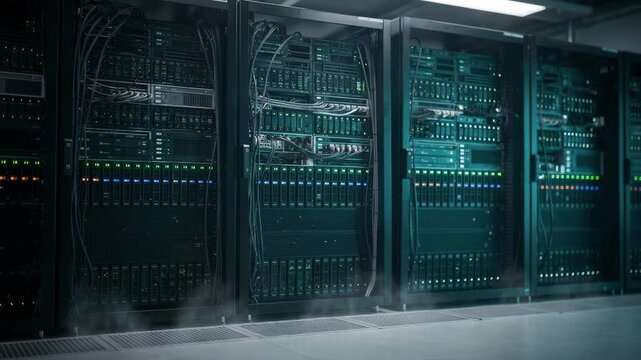 Medium shot of cooled server racks with glowing LED indicators in a temperaturecontrolled encoding and streaming facility emphasizing seamless live video transcoding.