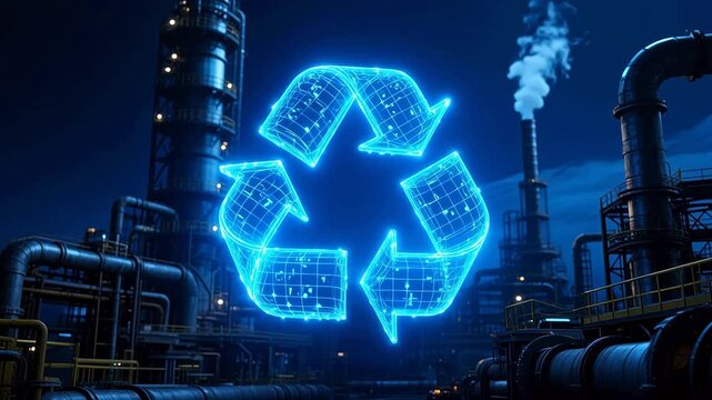 Blue recycling symbol glowing in industrial night