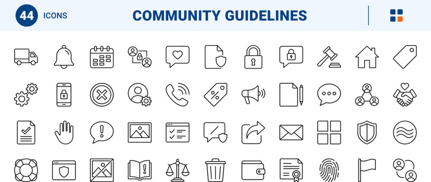 Community guidelines line icon set. Vector pictograms of platform, rules, content, and moderation elements, thin linear illustration.