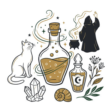 Magical potion bottles and esoteric elements on a white background