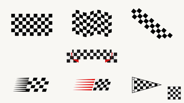 Checkered flag pattern vector illustration with variations in shape and motion effects racing finish line geometric black white