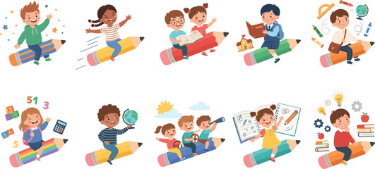 Cute school kids flying on giant pencils vector illustration collection childhood education characters isolated on white