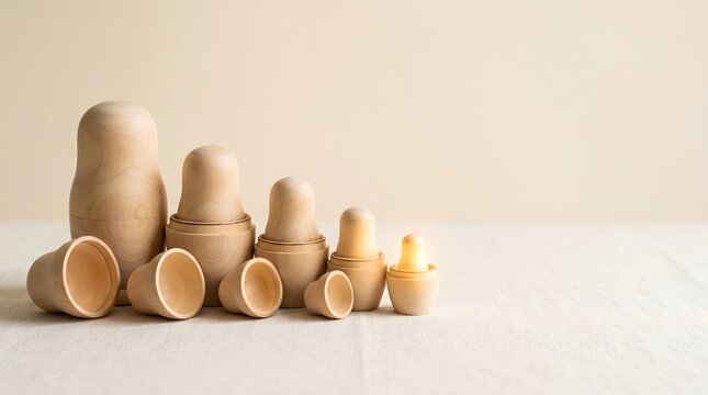 Row of nesting dolls with innermost piece glowing gold on cream surface, intergenerational legacy and family continuity concept art horizontal with copy space