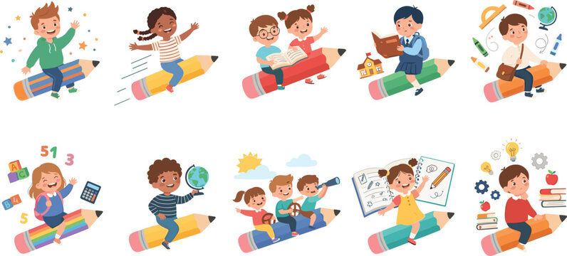 Cute school kids flying on giant pencils vector illustration collection childhood education characters isolated on white