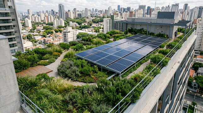 Aerial view of a modern urban rooftop garden featuring sustainable and green tech solar panel installations