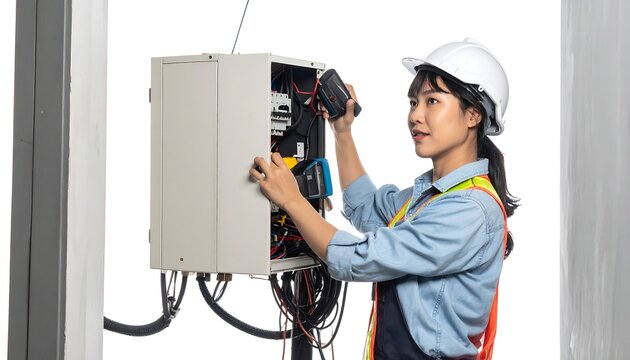 An Asian woman, clad in work attire & hard hat, examines an open electrical box against a bright white background