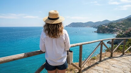 Fototapeta premium A woman wearing a straw hat stands on a cliff edge overlooking the beautiful blue mediterranean sea coastline