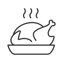 Fototapeta premium Roasted chicken meal icon in line design. Turkey, dinner, festive, cooked, food, eat, poultry on white background vector. Roasted chicken editable stroke icon