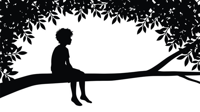 Adobe Illustrator Artwork Small boy sitting peacefully on a thick tree branch in this creative black silhouette illustration