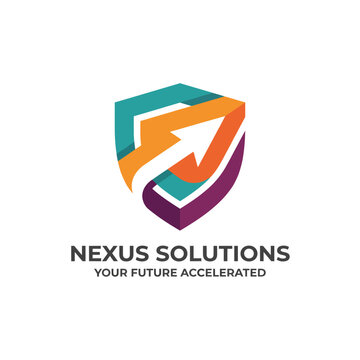 Showcasing the logo of Nexus Solutions, this design combines a shield and dynamic arrow, symbolizing protection and acceleration towards future business goals.