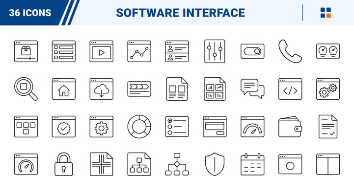 Software interface line icon set. Vector pictograms of application, platform, system, and dashboard elements, thin linear illustration.