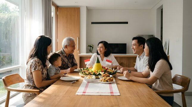 Indonesian family dining near window with traditional tumpeng.