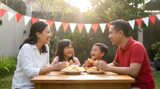 Indonesian family eating outdoors with festive red white flags.