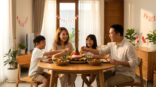 Indonesian family eating traditional tumpeng meal.