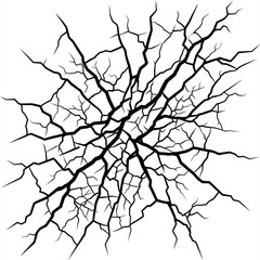 Obraz premium Dense black crack silhouette isolated on white, intricate branching fracture texture resembling tree veins or shattered glass, vector design element.