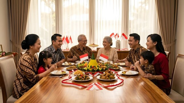 Indonesian family gathers for festive meal with tumpeng rice.