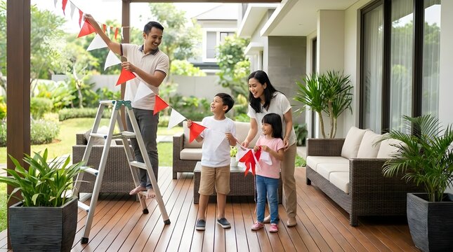 Indonesian family hanging flags on garden patio.