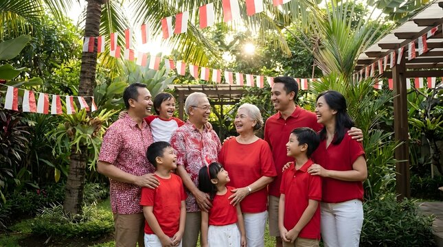 Indonesian family in red white clothes celebrating together.