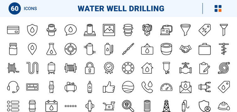 Industrial line icon set. Vector pictograms of equipment, drilling, water, and site elements, thin linear illustration.
