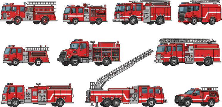 Fire engine truck rescue vehicle vector illustration collection emergency response apparatus ladder set isolated on white