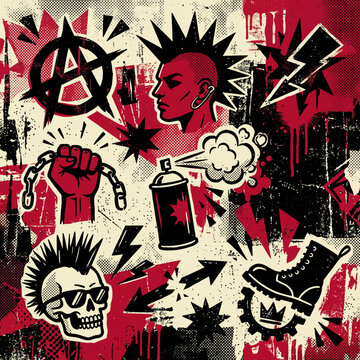 Seamless punk pattern with anarchy symbols and skulls