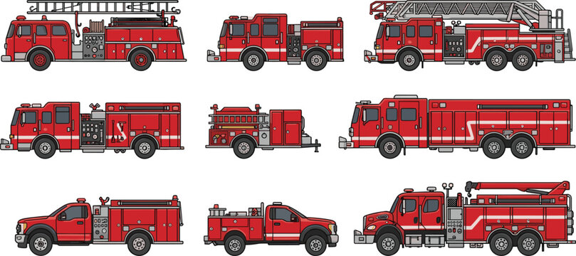Fire engine truck rescue vehicle collection vector illustration set emergency response department equipment isolated on white