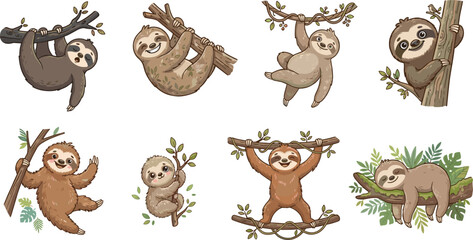 Fototapeta premium Cute sloth cartoon characters set vector illustration hanging climbing branches with green leaves isolated on white