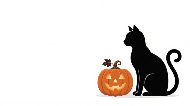 黒猫とジャック・オー・ランタンのシルエット ハロウィンのミニマルベクターイラスト
