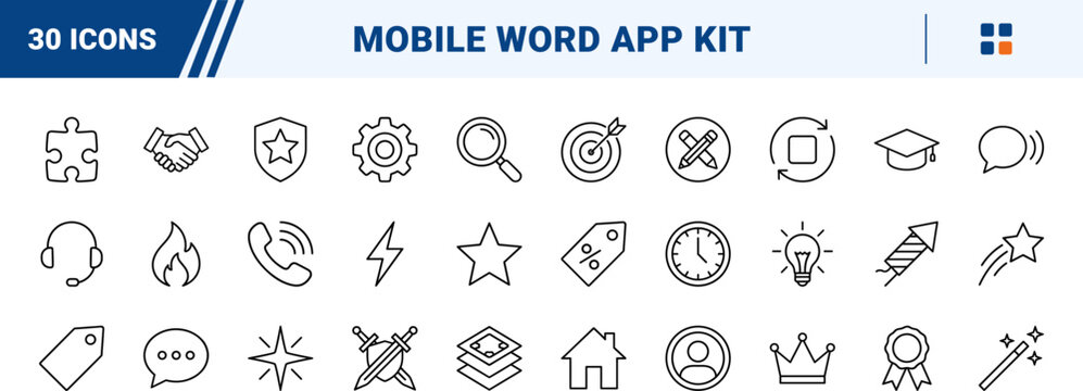 Word game app kit line icon set. Vector pictograms of puzzle, crossword, letter, and tiles elements, thin linear illustration.
