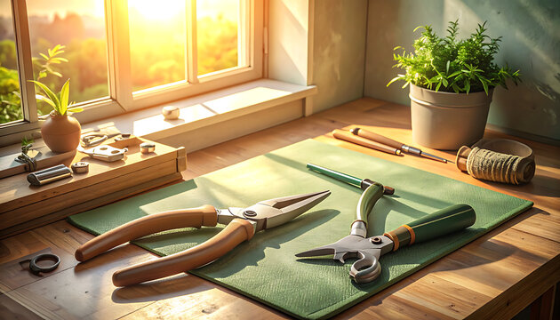 Tools on a wooden workbench table.