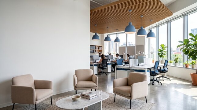Adult office workers working focused at computer workstations in modern indoor lounge area during daytime with calm atmosphere for corporate interior concept