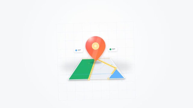 An isolated 3D isometric animation of an interactive map unfolding with a bright red location pin marker, route navigation lines, and UI pop-up elements